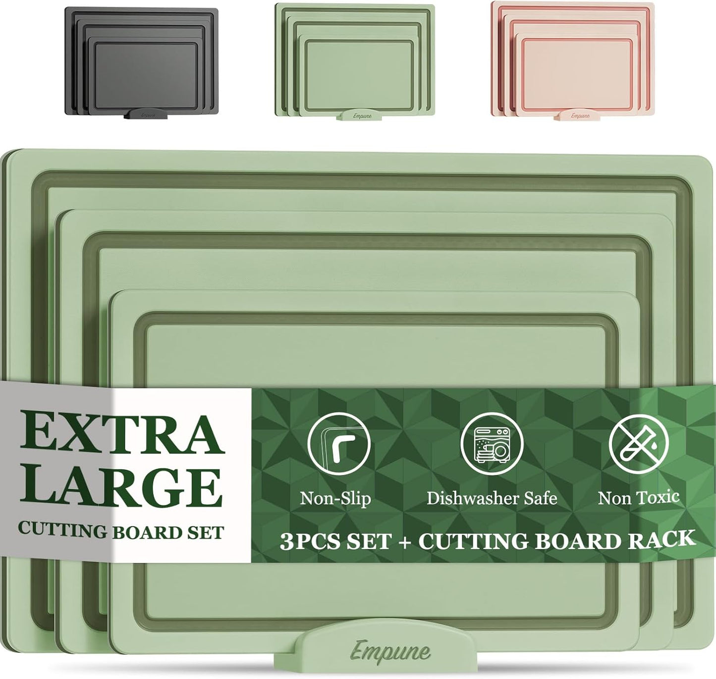 Empune Plastic Cutting Board Set, Recycled Plastic Cutting Boards for Kitchen (Set of 3), Dishwasher Safe Large Chopping Board with Holder, Non-slip Feet and Juice Grooves, Nonporous, Grey
