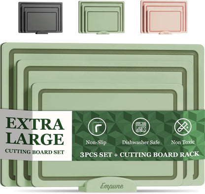 Empune Plastic Cutting Board Set, Recycled Plastic Cutting Boards for Kitchen (Set of 3), Dishwasher Safe Large Chopping Board with Holder, Non-slip Feet and Juice Grooves, Nonporous, Grey