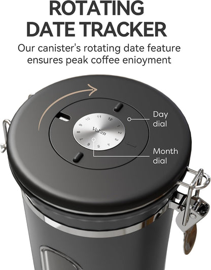 Veken Coffee Canister with Window, Family Choice Awards Winner, Airtight Stainless Steel Home Kitchen Food Storage Container with Lids for Grounds, Beans, Tea, Flour,Cereal,Sugar Jars,Scoop,16OZ,Black