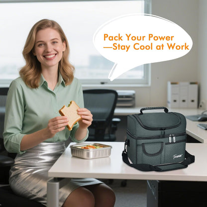 Tirrinia Reusable Lunch Box for Men Women, Insulated Lunch Bag Adult Work, Double Decker Leakproof Lunchbox for Office Picnic Beach—Dual Compartment Lunch Cooler Bag