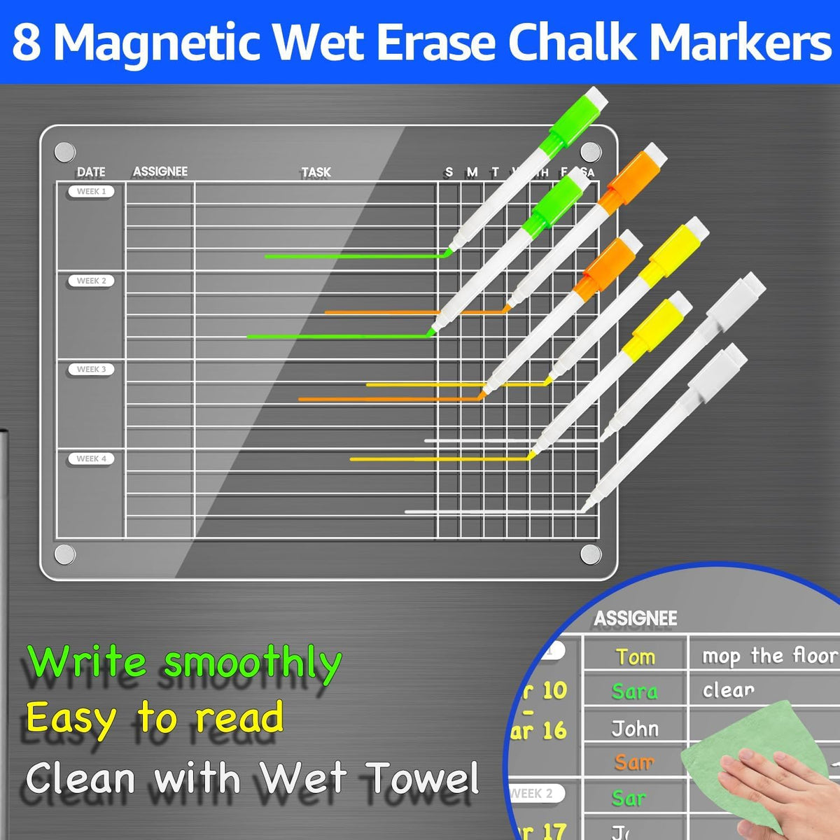 PigPotParty Acrylic Magnetic Chore Chart for Adults, 12x9.5 Inch Clear Dry Erase Chore Board for Fridge, Daily Weekly and Notes Sections, Pre-Installed Embedded Magnets, 8 Fine-tip Markers and Towel