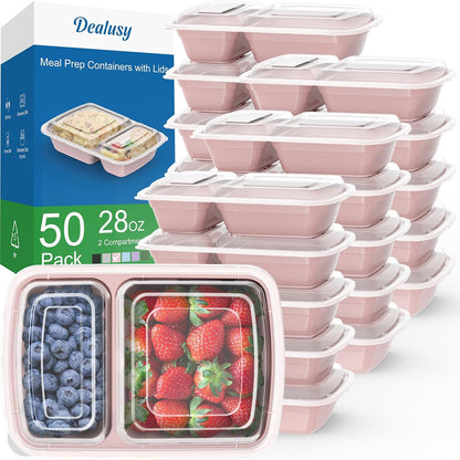 Dealusy 50 Pack (100-Piece) 28 oz Meal Prep Containers Reusable with Lids 2-Compartment, Sturdy Leakproof Food Safe, Microwave Freezer Dishwasher Safe, To Go Take Out Plastic Food Storage, Black