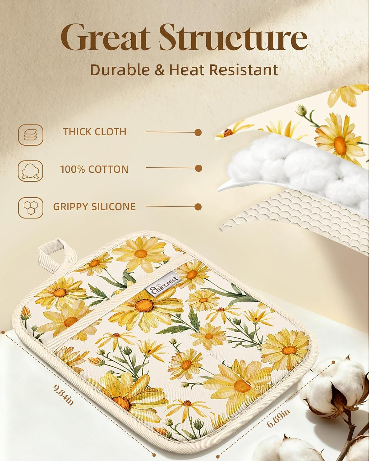 100% Cotton Potholders Textured Soft Silicone Grip Daisy Gingham