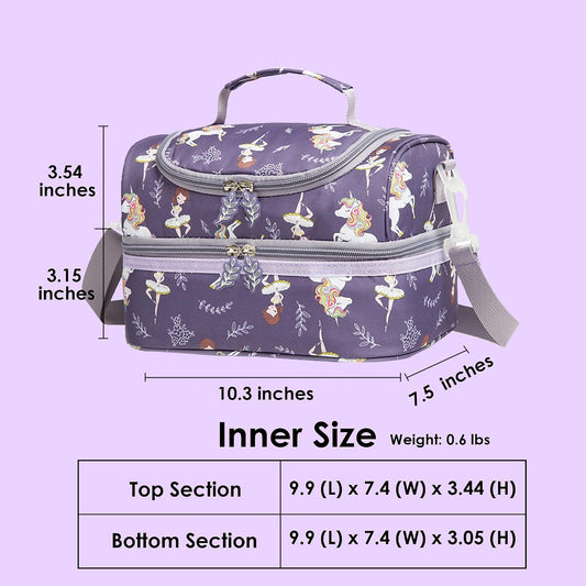 Insulated Kids Dual Compartment Lunch Bags Tote Pack for Girls Boys Toddler Kindergarten School Picnic Cooler Thermal Lunch Boxes with Strap (Green Rainbow)