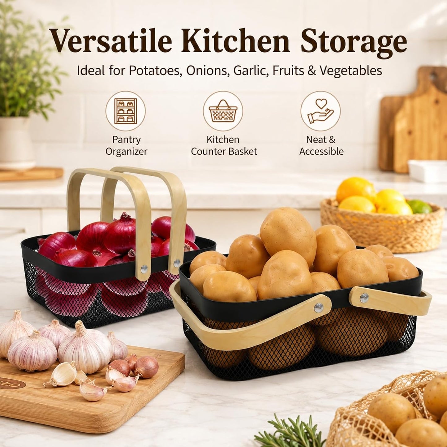 2 Set Potato and Onion Storage Bin, Fruit Basket for Kitchen Counter, Metal Wire Basket with Wooden Handle, Pantry Organizers and Storage Containers for Produce Vegetable Garlic, Black