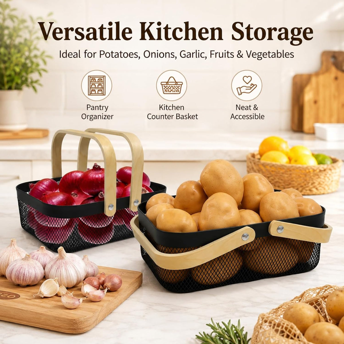 2 Set Potato and Onion Storage Bin, Fruit Basket for Kitchen Counter, Metal Wire Basket with Wooden Handle, Pantry Organizers and Storage Containers for Produce Vegetable Garlic, Black