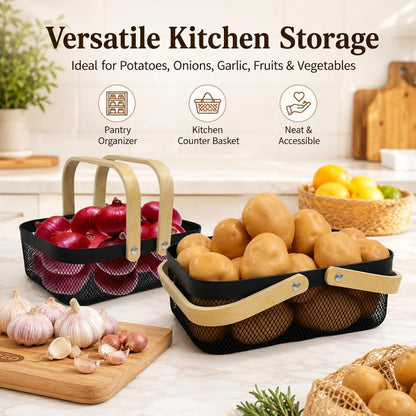 2 Set Potato and Onion Storage Bin, Fruit Basket for Kitchen Counter, Metal Wire Basket with Wooden Handle, Pantry Organizers and Storage Containers for Produce Vegetable Garlic, Black