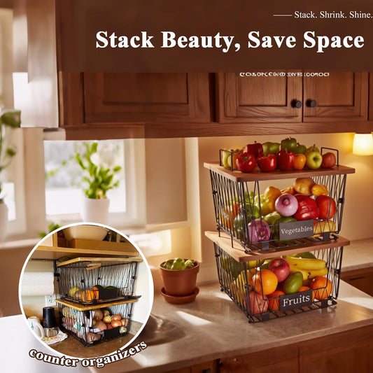 【XXL Big Size】 2 Pack Stackable Wire Storage Baskets with Wood Lid- Kitchen Countertop Organizer for Fruit Vegetable -Large Metal Bin for Pantry Organization and Storage, Black