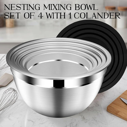DUTZUN Mixing Bowls with Lids Set - 16pcs Stainless Steel Mixing Bowl Set with Colander, 3 Grater Attachments, Non-Slip Bottom, Metal Nesting Bowls with Strainer for Mixing & Serving - Black