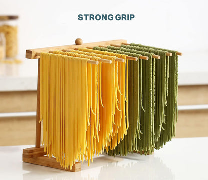 Bamboo Pasta Drying Rack with 8 Bars and Transfer Wand, Easy to Transfer for Drying Pasta and Cooking, Special Suspension Design for Large Storage