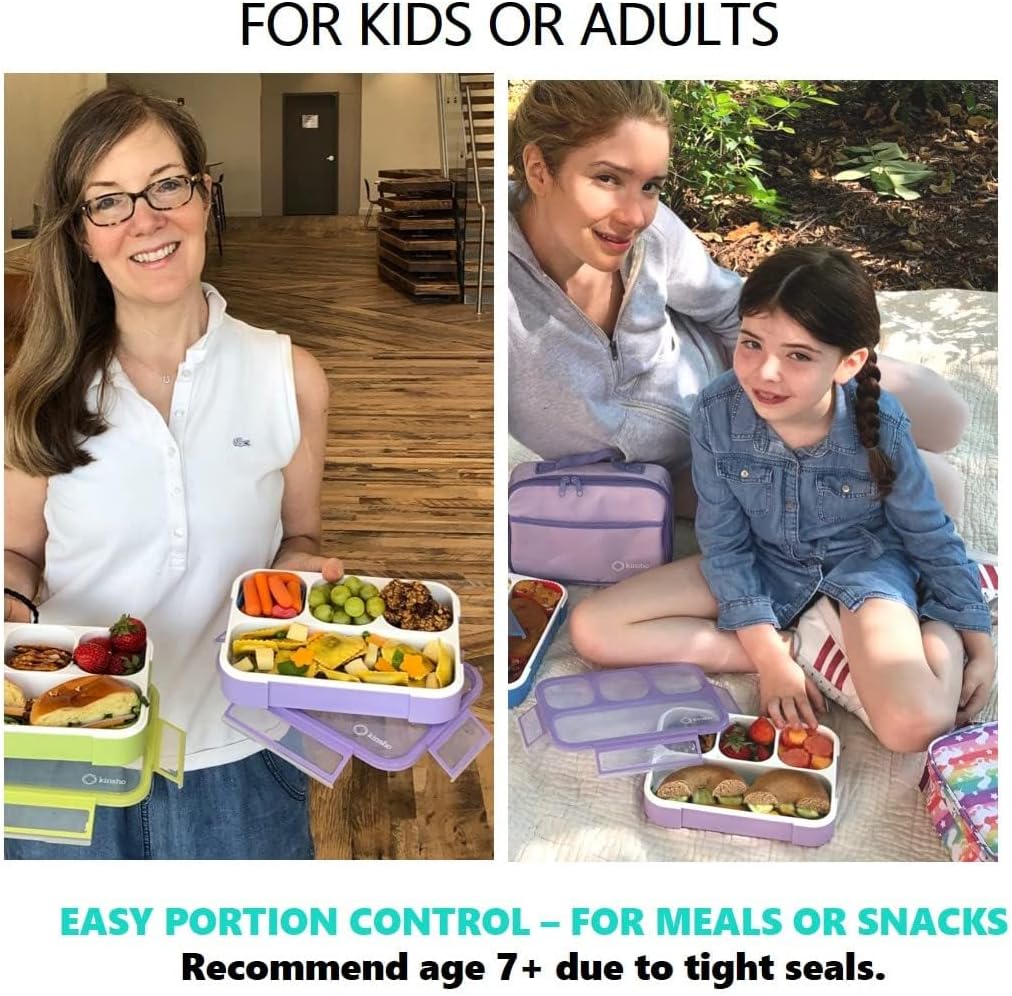 Bento Lunch Box for Kids or Adults, Snack Containers for Boys, Girls, School Daycare Work, 3 Divided Compartments Meal Planning Portion Control, BPA-Free Boxes, Utensils | Blue Purple 2 pack