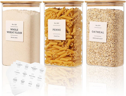 2 Pack large Square Glass Flour and Sugar Containers with 132 Kitchen Pantry Labels - 149 floz & 71 floz - Glass Jars with Airtight Bamboo Lid - Glass Rice Canisters for Coffee, Pasta, Cookie, Cereal