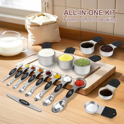 16-Piece Stainless Steel Measuring Cups and Spoons Set, Strong Magnetic Nesting Design 7 Cups 8 Spoons with Leveler, Double Measurement Markings for Dry & Liquid Ingredients, Gold
