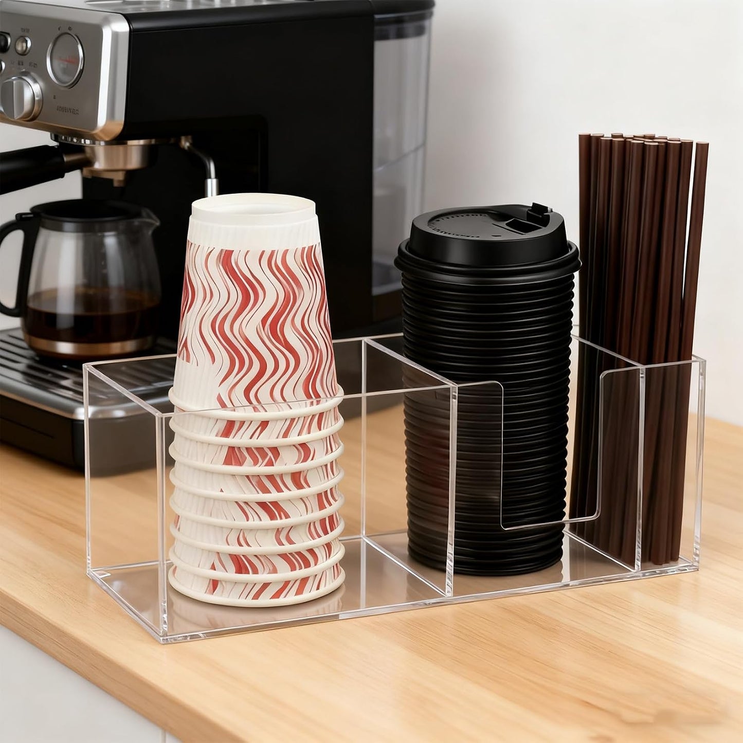 Coffee Cup Holder for Countertop, Acrylic Disposable Cup Organizer Clear Coffee Station Organizer for Cup Lid Stirrers Pod Coffee Bar Accessories