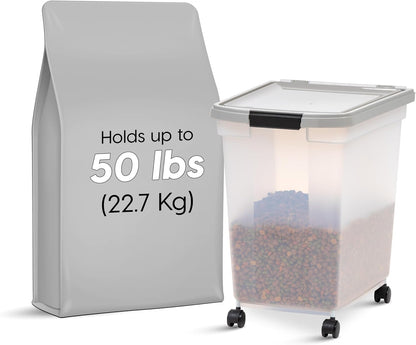 IRIS USA Airtight Dog Food Storage Container, WeatherPro, Up to 25 lbs, Removable Wheels, for Dog Cat Bird and Other Pet Food Storage Bin, Keep Fresh, Translucent Body, Made in USA, Clear/Black