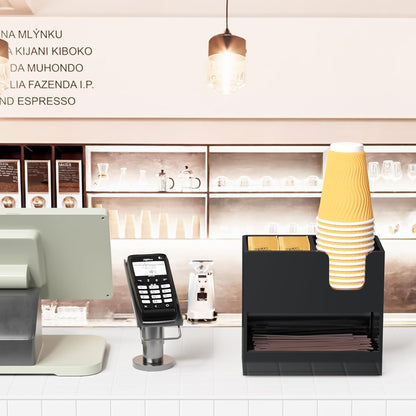 Coffee Condiment and Cup Organizer - 2-Tier Upright Cup and Lid Holder with Straw Organizer 2 Compartments Clear Acrylic Cup Dispenser for Restaurant Breakroom Coffee Station Countertop