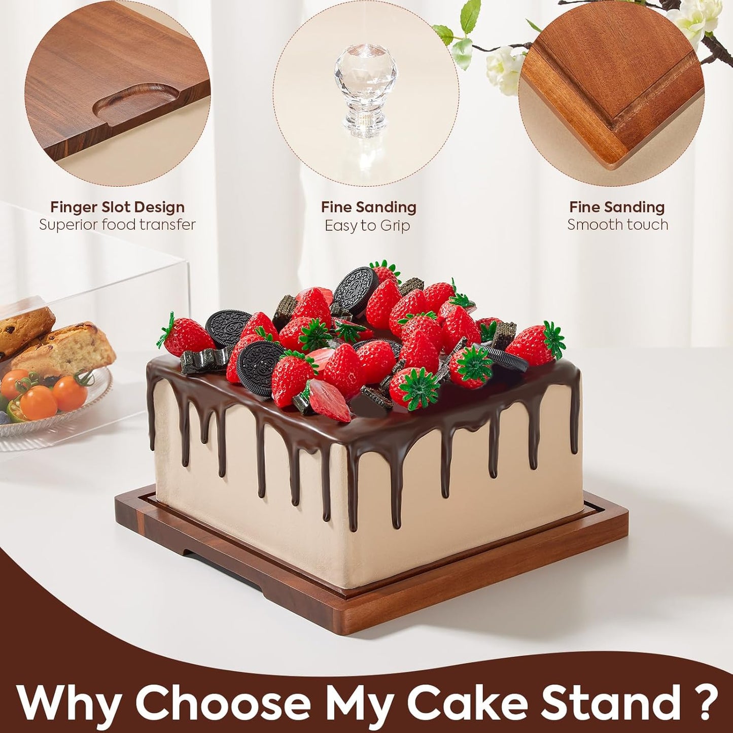 HouseJoy Acacia Wood Cake Stand with Lid-Extra Large 17" Rectangular Cake Holder,2-in-1 Dessert Table Display Set & Charcuterie Board,Acrylic Cake Dome Cover for Cheese/Veggie/Desert /Chips & Dip