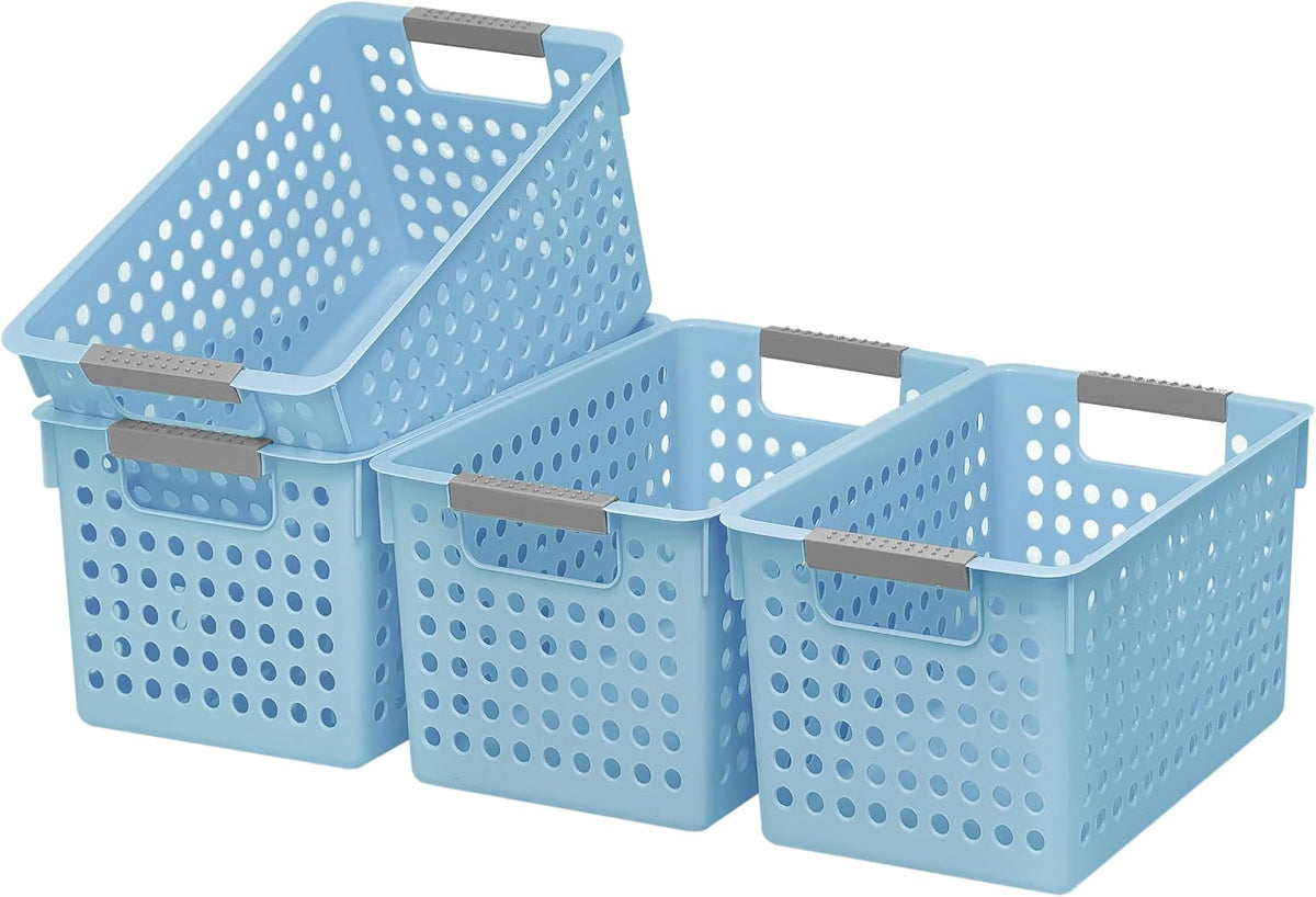 Soddeph 4 Pack Plastic Storage Basket with Handles, Small Deep Organizer Bin with Hollow Design for Under Counter, Shelf, Closet, Kitchen or Bathroom (White, Small)
