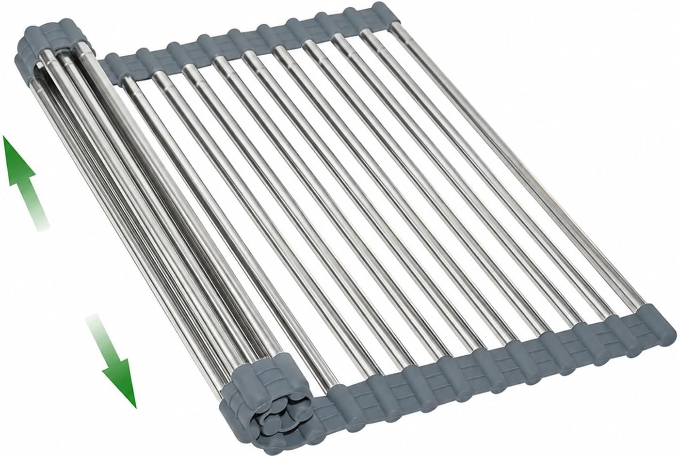 Expandable Roll Up Dish Drying Rack Over The Sink Rack, Foldable Dish Drainer Rack Stainless Steel for Large Sink, Silicone Rollable Collapsible Rack 18 Tube for Kitchen(Sliver,12.8'' to 21.25”)