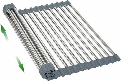 Expandable Roll Up Dish Drying Rack Over The Sink Rack, Foldable Dish Drainer Rack Stainless Steel for Large Sink, Silicone Rollable Collapsible Rack 18 Tube for Kitchen(Sliver,12.8'' to 21.25”)