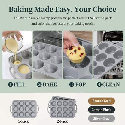 Silicone Muffin Pan with Metal Frame, 12-Cup Non-Stick Baking Pan for Cupcakes & Muffins, Dishwasher Safe & BPA Free, Durable for Meal Prep & Oven Use
