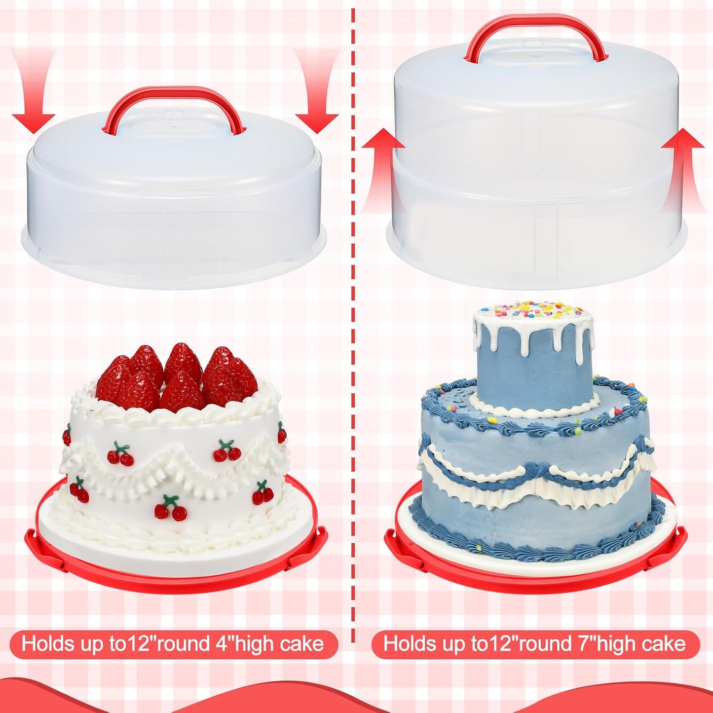 Teenyyou 12 Inch Large Cake Carrier with Lid and Handle for 12" Round 7" High Cake Adjustable Plastic Pies Carrier Portable Cupcakes Transport Container for Cookies Pizza and More(Pink)