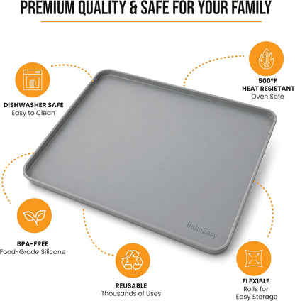 Premium Silicone Baking Mat with 0.4-Inch Raised Rim, Non-Stick Jelly Roll Pan Liner for Countertop and Oven, Food-Grade Protective Border Design