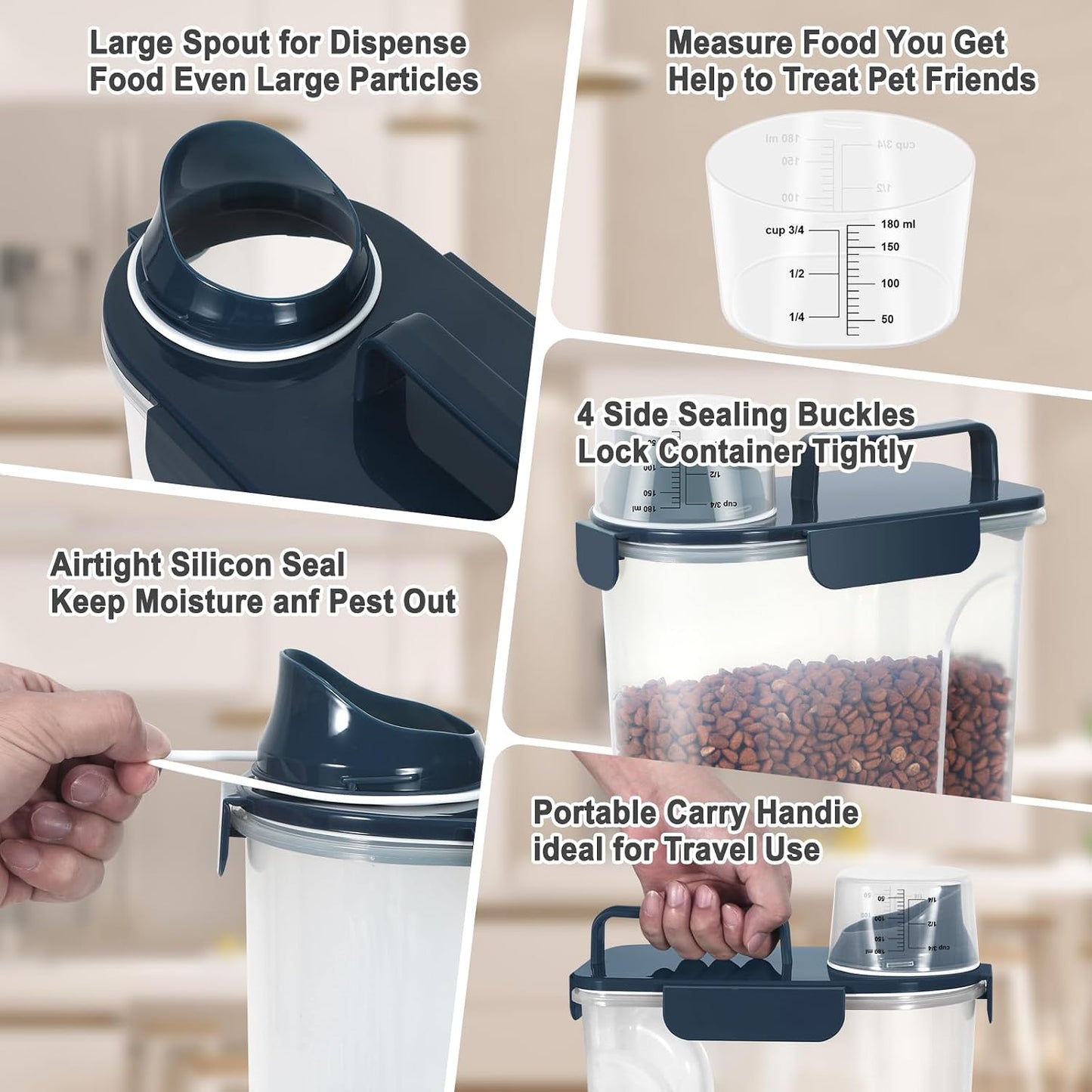 Dog Cat Food Storage Container, Pet Food Pourable Container Airtight with Large Spout & Cup, BPA-Free Plastic Food Dispenser for Pet Food, Bird Seed, Rice, Flour (Dark Gray, 2.5L)