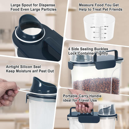 Dog Cat Food Storage Container, Pet Food Pourable Container Airtight with Large Spout & Cup, BPA-Free Plastic Food Dispenser for Pet Food, Bird Seed, Rice, Flour (Dark Gray, 2.5L)