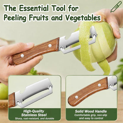 Left & Right Hand Vegetable Peeler Set with Scallion Slicer & Bottle Opener, Heavy-Duty Thick Stainless Steel Blade, Multi-Function Kitchen Peeler with Wooden Handle for Fruits & Vegetables(New 2pcs)