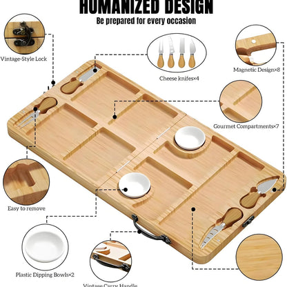 Charcuterie Boards Gift Set, Large Foldable Bamboo Charcuterie Board Set with Knife Set, Expandable Cheese Board Platter for Family Gatherings, Picnics, Parties & Holiday Entertaining.