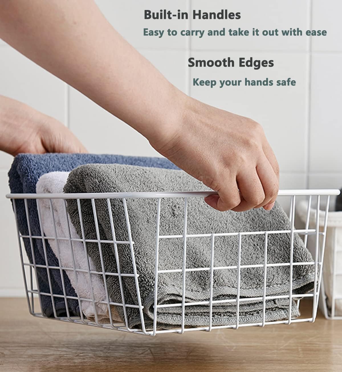 3 Pack Large Wire Baskets for Organizing 14.2'' Metal Wire Baskets with Built-in Handles, Wire Storage Basket Black Metal Freezer Organizer Wire Basket for Pantry, Cabinets, Bathroom
