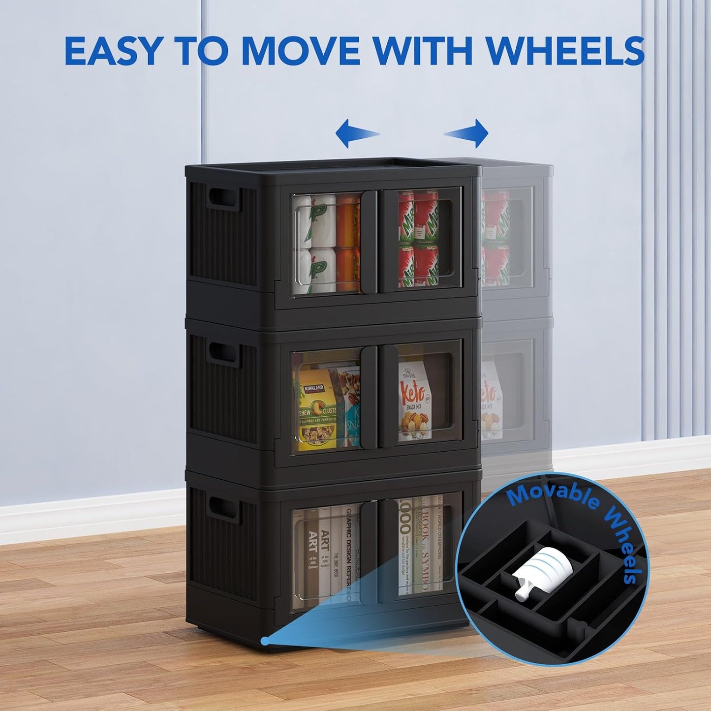 FLEXIMOUNTS 304 QT Stackable Storage Bins With Lids, Collapsible Plastic Storage Bins and Storage Containers with Doors and Built-in Wheels For Home, 4 Pack Cubes, Black