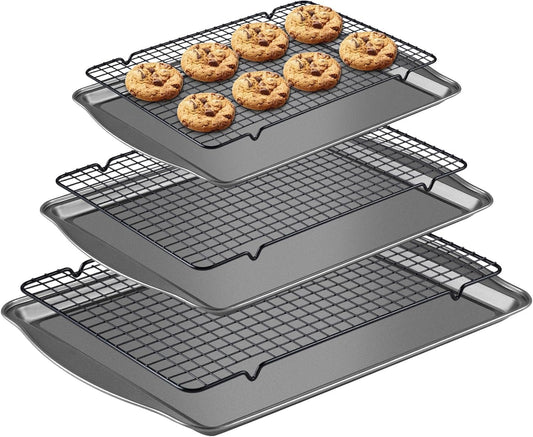 Hunnycook Baking Sheet with Rack Set - 3 Baking Sheets + 3 Cooling Racks, Carbon Steel Cookie Sheets & Cooling Racks in Multiple Sizes, Thickened & Warp-Resistant, Dishwasher Safe