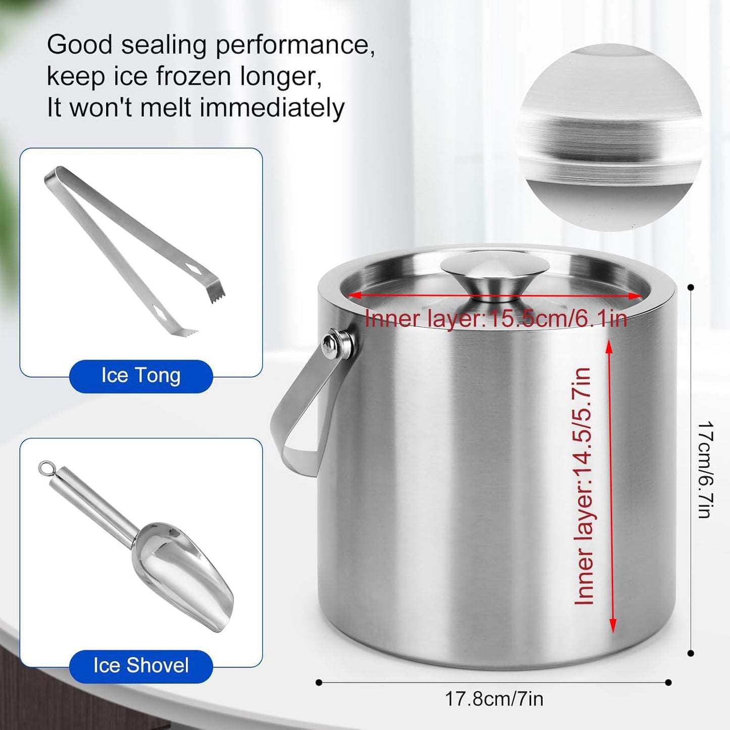 4L Stainless Steel Ice Bucket With Lid, Insulated Double-Wall Ice Buckets with Scoop & Tongs for Parties, Portable Ice Container for Chilled Champagne Wine Drink, Ideal for Home/Activities/Bar Freezer