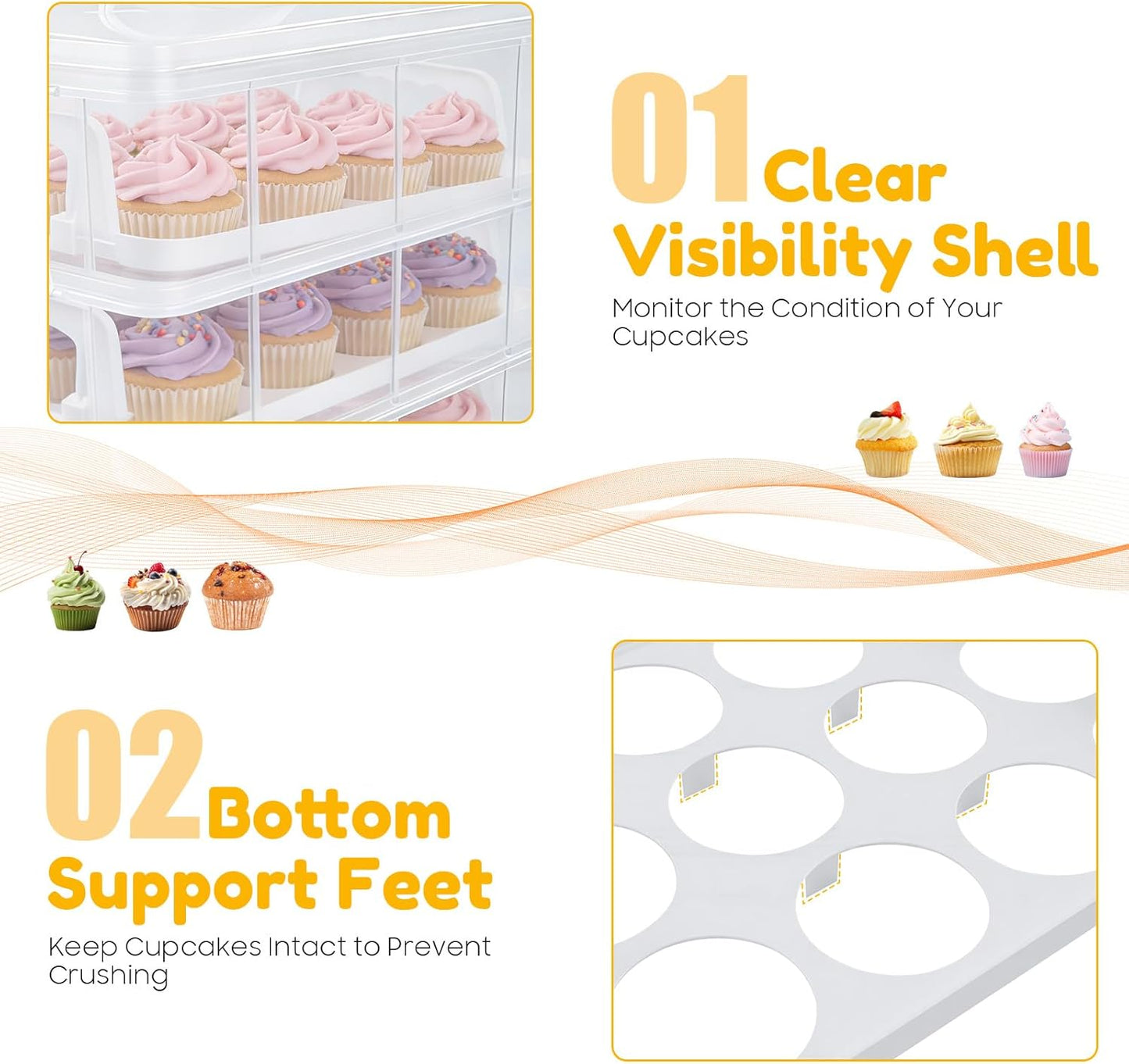 Cupcake Carrier 4-Layer Cupcake Holder, Store up to 48 Cupcakes or Muffins, Stackable Cupcakes Storage Container Collapsible Cake Carrier with Lid and Handle