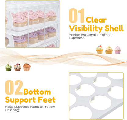 4 Tier Plastic Cupcake Carrier, 48 Count Cupcake Holder Cake Container with Lid and Handle, Reusable Rectangular Dessert Travel Container, Collapsible Cake Carrier for Party, Clear White