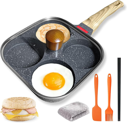 Ywmoml 4‑Cup Nonstick Egg Pan Set with Lid, Includes Silicone Scraper, Oil Brush, Chopsticks & Cleaning Cloth – Compatible with Gas & Induction Cooktops