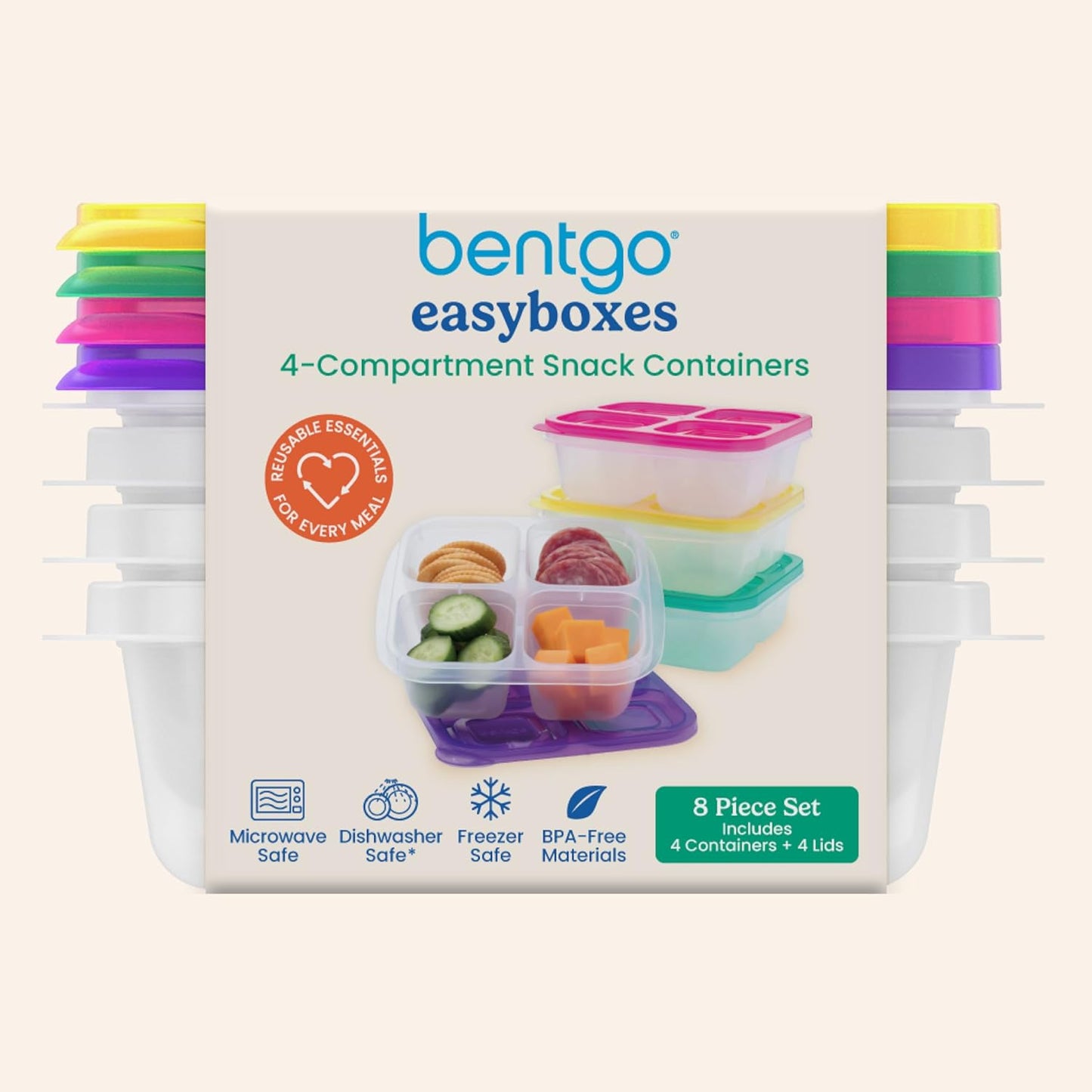 Bentgo Easyboxes 4-Compartment Snack Containers - 8-Piece Set with 4 Trays & 4 Custom-Fit Lids to Seal in Freshness - Reusable Food Storage & Meal Prep Bento BPA-Free Containers (Classic)