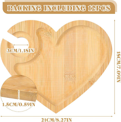Menkxi 12 Set Wine Appetizer Plates Mini Charcuterie Boards with Wine Glass Holder and Box Gifts for Bridal Shower Game Prizes Wooden Cocktail Cheese Plate for Guests Baby Shower(Heart,Light Color)