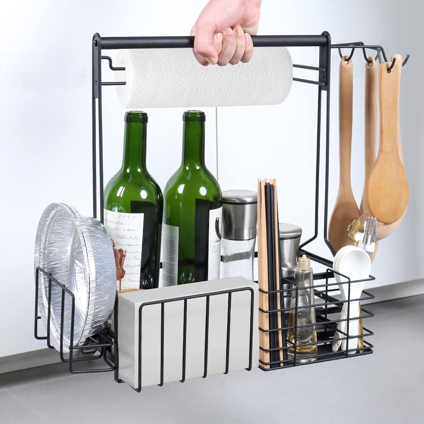 Grill Caddy, BBQ Caddy with Paper Towel Holder for Plate Cutlery, Flatware Caddy Picnic Condiment Caddy with 4 Hooks, Grill Utensil Caddy for Outdoor Barbecue Accessories Organizer