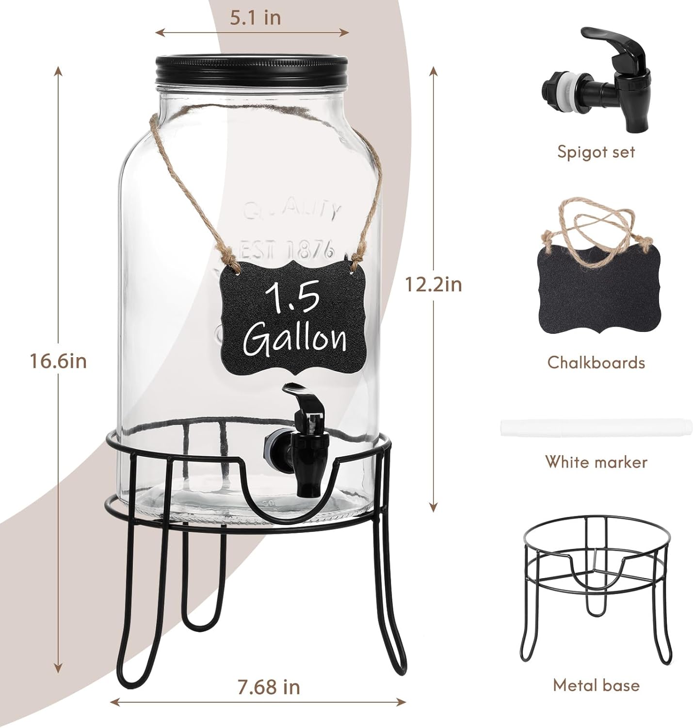 1.5 Gallon Glass Drink Dispensers for Parties, Ice Beverage Dispensers with Stand, Glass Water Dispenser with Spigot, Laundry Detergent Dispenser, Lemonade Dispenser