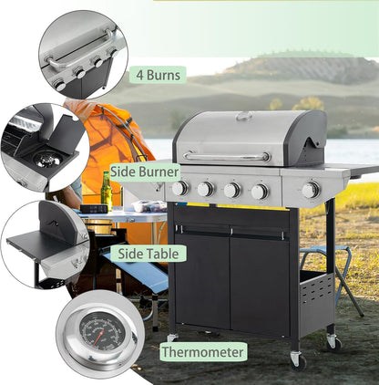 4 Burner Outdoor Propane Gas Grill with Side Burner & Thermometer, Stainless Steel Barbecue Grill with Wheels for Patio BBQ Cooking, Camping