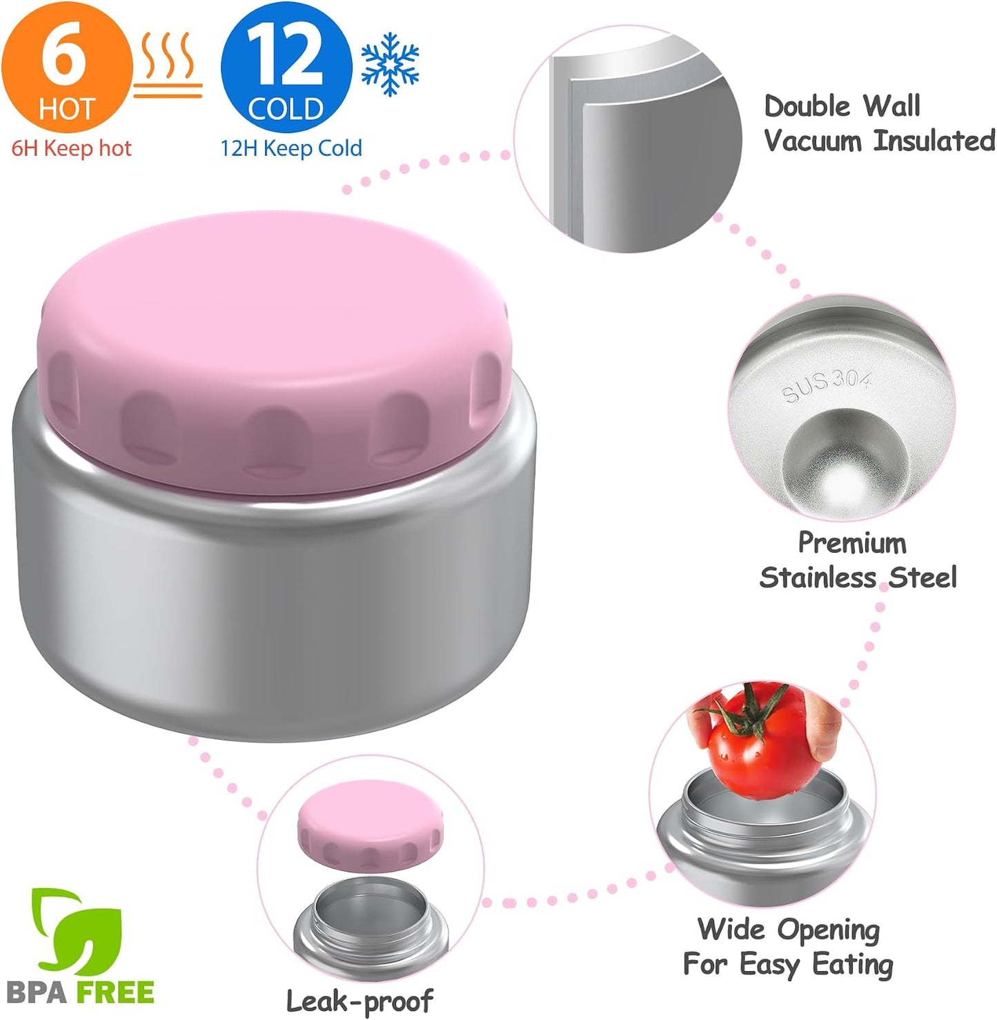 Bento Lunch Box Set for Kids with 8oz Soup Thermo, Leak-Proof Lunch Containers with 4 Compartment, Thermo Hot Insulated Food Jar and Foldable Fork Spoon, for Kids to School (pale pink)