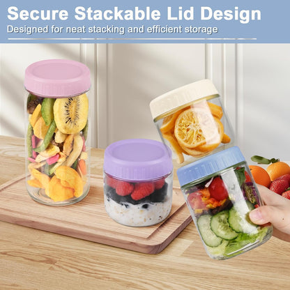 Overnight Oats Containers with Lids, 10oz Wide Mouth Mason Jars with Lids, 9 Pack Glass Jars with Airtight lid for Chia Pudding Yogurt Salad, Meal Prer Oatmeal Jars, Pink