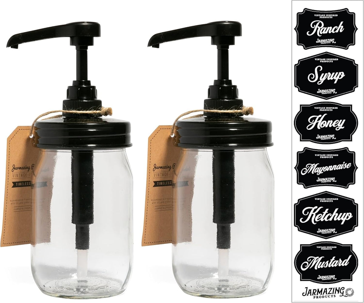 Jarmazing Products Mason Jar Syrup Dispenser - Set of 2 – 16 oz Ball Jars with Rust-Proof, Leak-Proof, Food Grade Pumps for Honey, Syrups, Condiments, Salad Dressings and More