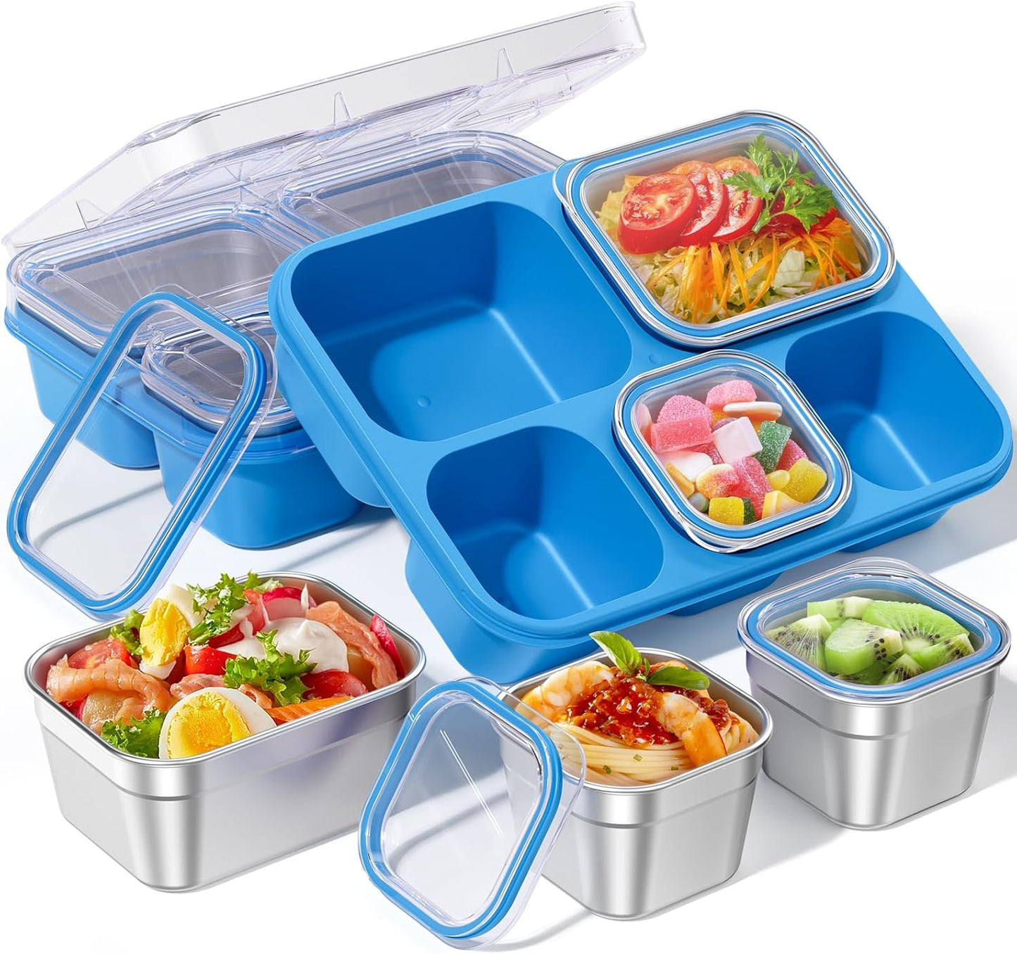 BiuLeon Snackle Box Containers, Stainless Steel 5 Compartments Divided Serving Tray with Lid, Removable LeakProof Portable Bento Box for Fruit Candy Nuts Food - School, Picnic and Travel（Blue）