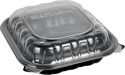 Thermo Tek 40 Ounce Clamshell Containers, 50 Disposable Take Out Boxes - 3 Compartments, Ventilated Lids, Black Plastic Meal Prep Containers, Microwavable, For Pasta Or Salads - Restaurantware