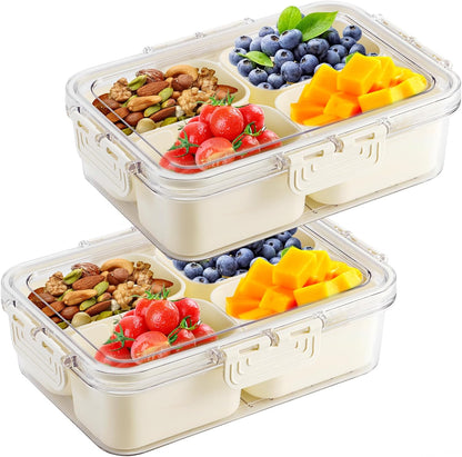 Divided Serving Tray with Lid and Handle, Snackle Box Container mit 4 Compartments Clear Serving Platters and Trays,Snack Platters for Veggie Fruits Snacks Nuts, for Picnic Party Travel