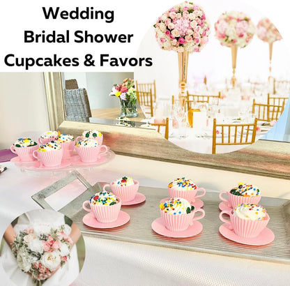 Evelots Baking Cupcake Molds - Silicone Teacup Set - 24 Pc Set - Oven-Safe - Nonstick - Muffin Cups for Bridal/Baby Shower, Birthday/Tea Party - 12 Cups & 12 Saucers - BPA Free